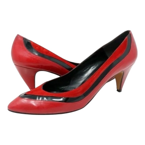 Vintage Palizzio Red Black Leather Pointed Toe Low Heel Pump - Slip On - Size 9N - Picture 16 of 16
